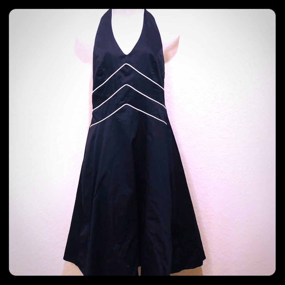{AGB}Pinup Halter black midi dress w/white piping